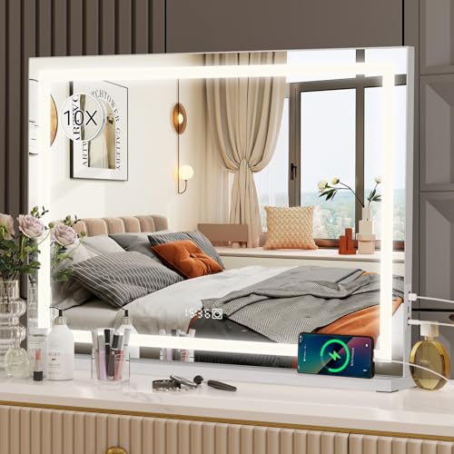 eklipt Hollywood Schminkspiegel mit Beleuchtung 80x56, Spiegel mit Beleuchtung Tischspiegel mit 3 Farbtemperatur Touch Schalter USB und Type-C 10x Vergrößerung Zeit und Temperaturanzeige Wandspiegel von eklipt