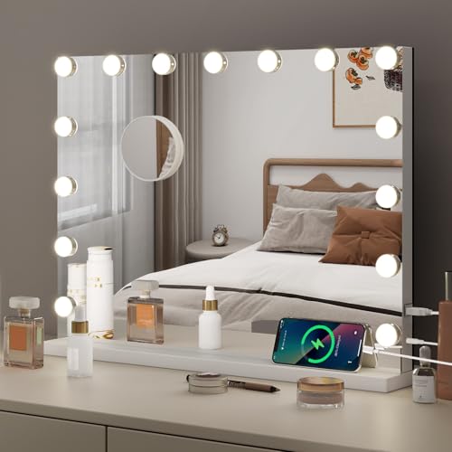eklipt Schminkspiegel mit Beleuchtung, Hollywood Spiegel mit Beleuchtung Tischspiegel 15 LED Licht 3 Lichtfarben Wandspiegel mit USB 10X Vergrößerung Touch Control Tischplatte & Wandhalterung 58x45cm von eklipt