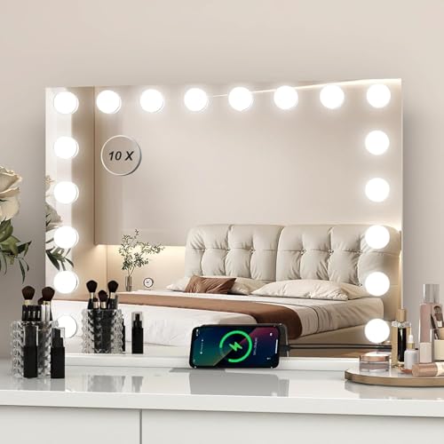 eklipt Schminkspiegel mit Beleuchtung 80 x 56 cm, Hollywood Spiegel mit LED Licht, 3 Farbtemperatur Licht, Touch Control, Tischplatte oder Wandhalterung (18led,80x12x62cm,weiß) von eklipt