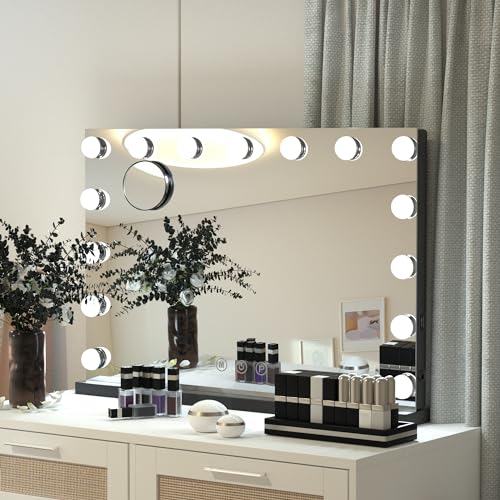 eklipt Schminkspiegel mit Beleuchtung 58x45cm,15 Dimmbare Groß LED Licht Hollywood Spiegel mit Beleuchtung,3 Farbtemperatur Licht, Touch Control Tischplatte oder Wandhalterung von eklipt