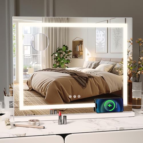eklipt Hollywood Schminkspiegel mit Beleuchtung, 58 X 46cm Großer Kosmetikspiegel mit 3 Farbbeleuchtungsmodi, Touch Schalter, Vanity Spiegel mit Licht Weiß von eklipt