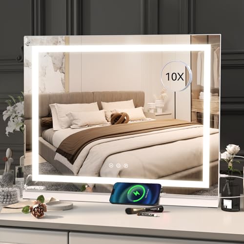 eklipt Hollywood Schminkspiegel mit Beleuchtung, 80 X 56cm Großer Kosmetikspiegel mit 3 Farbbeleuchtungsmodi, Touch Schalter, Vanity Spiegel mit Licht (Weiß,mit Licht,80 X 56cm) von eklipt