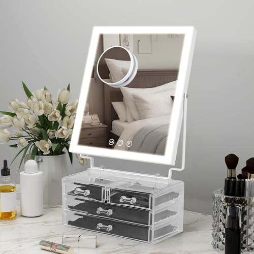 eklipt Schminkspiegel mit Beleuchtung und Aufbewahrungsbox, Hollywood Spiegel mit LED Licht, 3 Modi Licht Einstellbare Helligkeit, Touch Control, Schlafzimmer, 360°Drehung, 10X Vergrößerung Weiß von eklipt