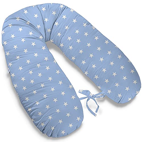 170cm Groß XXL Stillkissen Schwangerschaftskissen Lagerungskissen Seitenschläferkissen mit abnehmbarem Bezug ekmTRADE (21 - Weiße Sterne auf Blau, Kissen + Bezug) von ekm trade