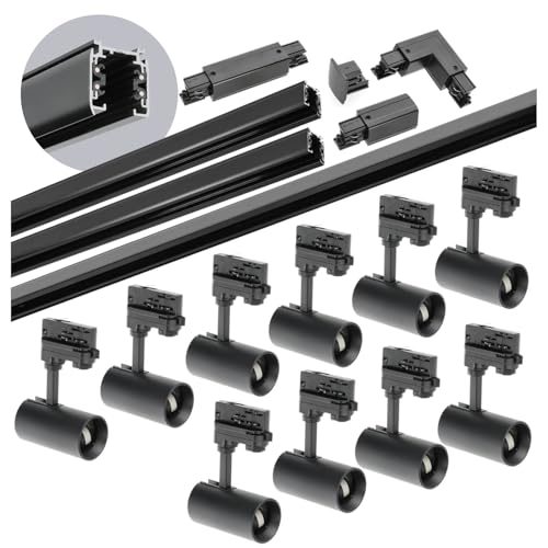 3-Phasen-Schienen-Set NEXTRACK - Schienensystem Komplett-Set mit 10x GU10 Lampe und 2x1m Schiene, 1x 2m Schiene, I + L Schalter (Schwarz, 2x1m+2m Schiene + Verbinder I&L) von ekobi