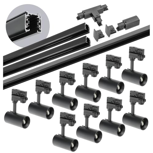 3-Phasen-Schienen-Set NEXTRACK - Schienensystem Komplett-Set mit 10x GU10 Lampe und 2x1m Schiene, 2m Schiene, T-Stecker außen (Schwarz, 2x1m+2m Schiene + Verbinder T) von ekobi
