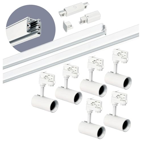 3-Phasen-Schienen-Set NEXTRACK - Schienensystem Komplett-Set mit 6x GU10 Spots und 1m+2m Schiene + Stromversorgung + Kappe + gerader Schalter (Weiß, Schiene 1+2 Meter gerader Stecker) von ekobi