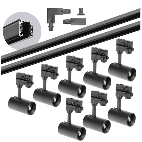3-Phasen-Schienen-Set NEXTRACK - Schienensystem Komplett-Set mit 8x GU10 Spots und 2m+2m Schiene + 'L' Schalter außen + Endkappe (Schwarz, 2m+2m Schiene + Verbinder L) von ekobi