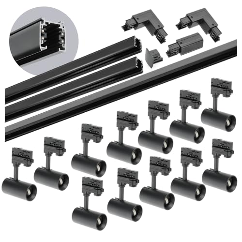 3-Phasen-Schienenset NEXTRACK - Schienensystem Komplett-Set mit 12x GU10 Lampe und 2x1m+2m Schiene, Verbinder L (Schwarz, 2x1m+2m Schiene + Verbinder L) von ekobi