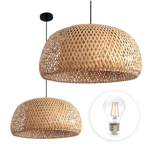 Set BAKU L Large Pendelleuchte 1xE27 natürlich geflochten schwarzer Überhang + 7W E27 Warm Colour Glühbirne von ekobi
