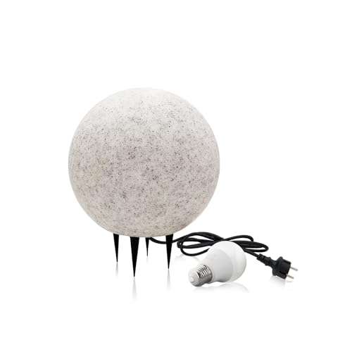 Stein Kugelleuchten Außen Wasserdicht und Winterfest IP65 Gartenlampe Aussen, IP65 Kabel 2m Garten Deko, Gartenleuchten mit Strom (ø25 cm (S) + Glühbirne) von ekobi