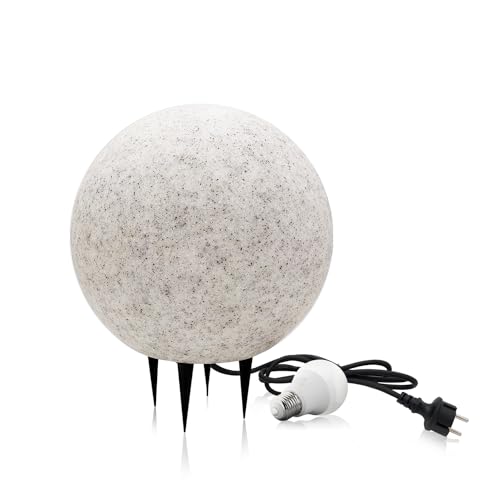 Stein Kugelleuchten Außen Wasserdicht und Winterfest IP65 Gartenlampe Aussen, IP65 Kabel 2m Garten Deko, Gartenleuchten mit Strom (ø28 cm (M) + Glühbirne) von ekobi