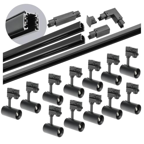 ekobi 3-Phasen-Schienenset NEXTRACK - Schienensystem Komplett-Set mit 12x GU10 Lampe und 2x1m+2 Schiene, Verbinder I+L (Schwarz, 2x1m+2m Schiene + Verbinder I&L) von ekobi