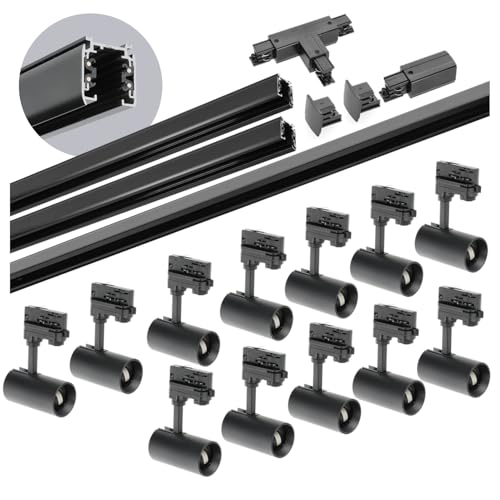 ekobi 3-Phasen-Schienenset NEXTRACK - Schienensystem mit 12x GU10 Lampe und 2x1m+2m Schiene, Verbinder T (Schwarz, 2x1m+2m Schiene + Verbinder T) von ekobi
