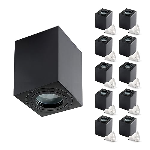 ekobi Aufbauspot AQUARIUS Deckenleuchte RECHTECKIG Form Farbe SCHWARZ Aluminium IP44 für Küchen, Bäder wasserdicht Spotlight Glühbirne GU10 LED 4000K (Neutralweiß Glühbirne, 10 Stück) von ekobi