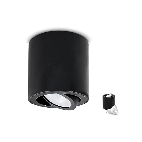 ekobi Aufbauspot OH36 Deckenleuchte RUND Farbe SCHWARZ Deckenstrahler - beweglich Deckenspot Aluminium IP20 LED Spotlight Inklusive Glühbirne GU10 5W 6500K (M - Kaltweiß Licht, 1 Stück) von ekobi