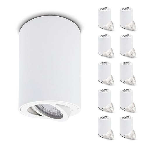 ekobi Aufbauspot OH36 Deckenleuchte RUND Farbe WEIß Deckenstrahler - beweglich Deckenspot Aluminium IP20 LED Spotlight Inklusive Glühbirne GU10 5W 6500K (L - Kaltweiß Licht, 10 Stück) von ekobi