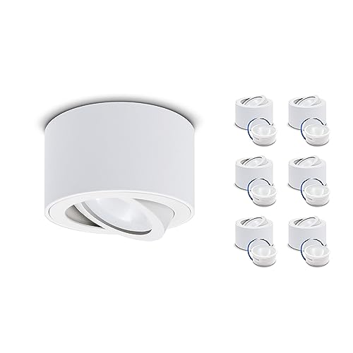 ekobi Aufbauspot OH36 Deckenleuchte RUND Farbe WEIß Deckenstrahler - beweglich Deckenspot Aluminium IP20 LED Spotlight Inklusive Glühbirne LED INSERT 5W 3000K MILKY(S - Warmweiß Licht, 6 Stück) von ekobi
