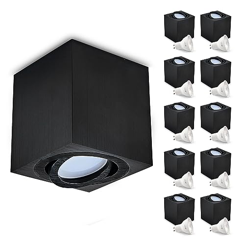 ekobi Aufbauspot OH37 Deckenleuchte RECHTECK Farbe SCHWARZ Deckenstrahler - beweglich Deckenspot Aluminium IP20 LED Spotlight Inklusive Glühbirne GU10 5W 3000K(10 Stück, M - Warmweiß Licht) von ekobi