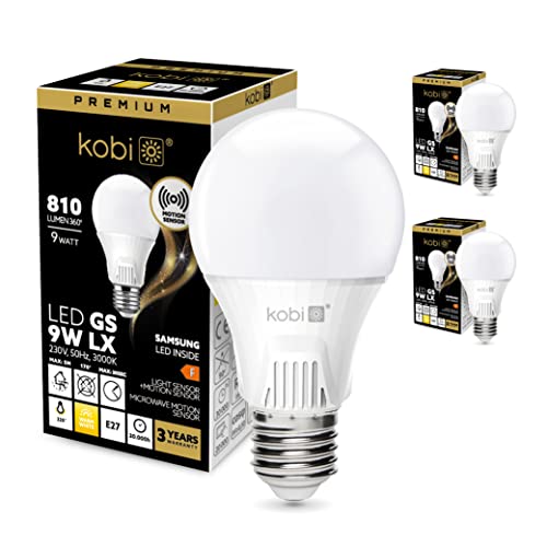 ekobi KOBI E27 LED Birne 9W 760lm 3000K Warmweiß Glühbirne mit Bewegungsmelder und Lichtstärkemelder Samsung Dioden Leuchtmittel Energiesparlampe, Energiesparende Birnen Set 2er Pack von ekobi