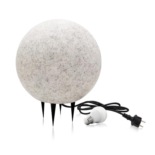 ekobi Stein Kugelleuchten Außen Wasserdicht und Winterfest IP65 Gartenlampe Aussen, IP65 Kabel 2m Garten Deko, Gartenleuchten mit Strom (ø38 cm (L) + Glühbirne) von ekobi