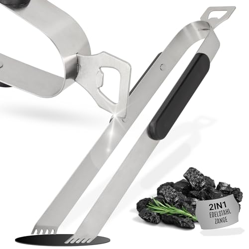 Grillzange lang 35 cm aus Edelstahl - BBQ Zange mit Kapselheber - Geschenk für Grillmeister zum Geburtstag - Küchenzange mit ergonomischen Griff - 2in1 Grillzubehör, Farbe:grau von elasto PROMOTION FOR LIFE