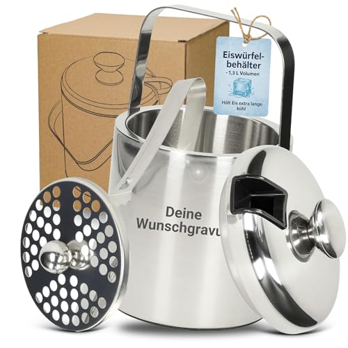 Personalisierter Eiswürfelbehälter aus recyceltem Edelstahl 'Arctic' - Eisbehälter für Eiswürfel inkl. Zange & Sieb - Eiswürfelbox mit Deckel - Langlebig & Pflegeleicht für jedes Event, Farbe:silber von elasto PROMOTION FOR LIFE