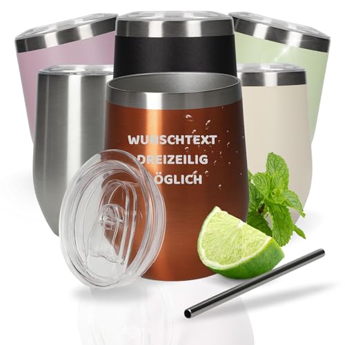 Personalisierter Weinbecher 350 ml - doppelwandiger Edelstahlbecher hält Getränke lange kalt - Trinkbecher mit Deckel und Strohhalm - Personalisierte Geschenkidee für den Sommer, Farbe:Kupfer von elasto PROMOTION FOR LIFE
