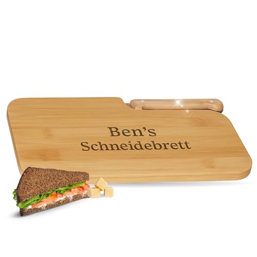 Personalisiertes Schneidebrett Holz 'Picknick' - Nachhaltiges Frühstücksbrett aus Bambus mit integriertem Jausenmesser - Personalisierte Geschenkidee für Männer, Frauen, Opa & Kinder, Farbe:natur von elasto PROMOTION FOR LIFE