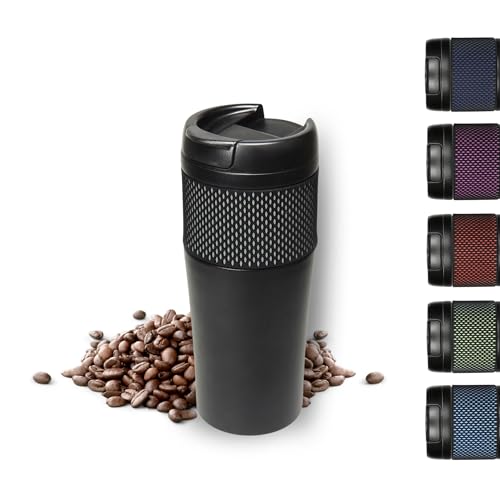 Thermobecher 'Temptation' groß - Kaffeebecher to go doppelwandig - Edelstahl Vakuumbecher mit Manschette - 500ml to go Becher - Reisebecher mit Deckel, Farbe:schwarz/grau von elasto PROMOTION FOR LIFE