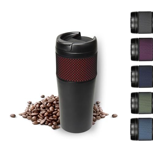Thermobecher 'Temptation' groß - Kaffeebecher to go doppelwandig - Edelstahl Vakuumbecher mit Manschette - 500ml to go Becher - Reisebecher mit Deckel, Farbe:schwarz/rot von elasto PROMOTION FOR LIFE
