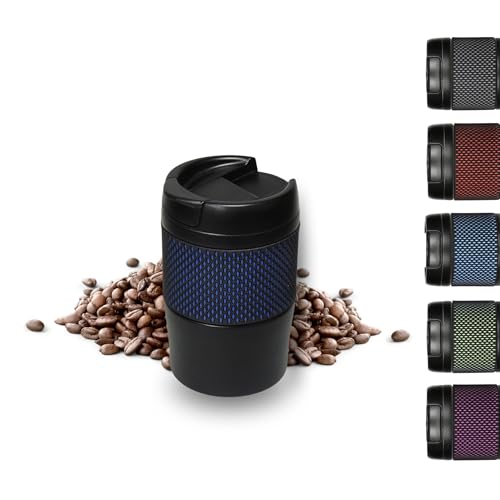 Thermobecher 'Temptation' klein - Kaffeebecher to go doppelwandig - Edelstahl Vakuumbecher mit Manschette - 300ml to go Becher - Reisebecher mit Deckel, Farbe:Schwarz/Blau von elasto PROMOTION FOR LIFE