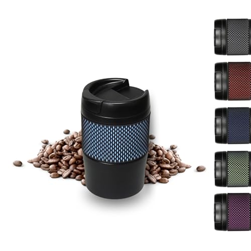 Thermobecher 'Temptation' klein - Kaffeebecher to go doppelwandig - Edelstahl Vakuumbecher mit Manschette - 300ml to go Becher - Reisebecher mit Deckel, Farbe:schwarz/hellblau von elasto PROMOTION FOR LIFE