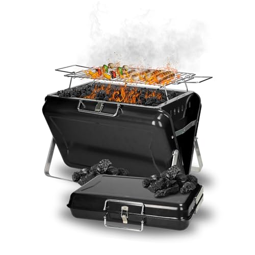 Tragbarer Holzkohlegrill 'Portable' - Koffergrill mit Tragegriff & Grillrost - Kohlegrill für bis zu 4 Personen - Mobiler Grill für unterwegs oder zu Hause, Farbe:schwarz von elasto PROMOTION FOR LIFE