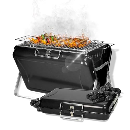 Tragbarer Holzkohlegrill 'Portable' - Koffergrill mit Tragegriff & Grillrost - Kohlegrill für bis zu 4 Personen - Mobiler Grill für unterwegs oder zu Hause, Farbe:schwarz von elasto PROMOTION FOR LIFE