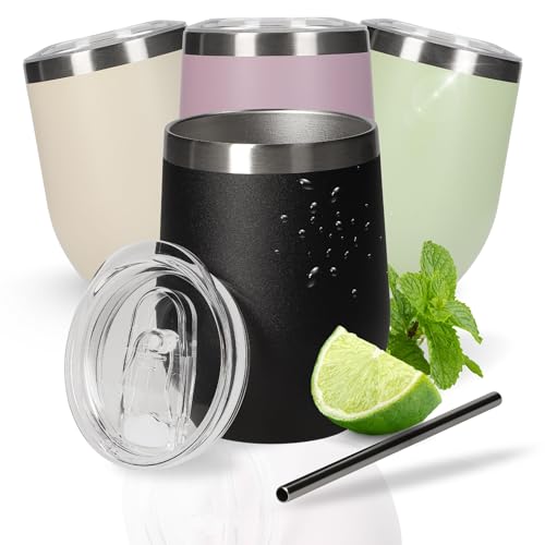 Weinbecher 350 ml 'Vinova' - doppelwandiger Edelstahlbecher hält lange kalt - Trinkbecher mit Deckel und Strohhalm - Becher als perfekte Geschenkidee für Junggesellenabschied, Farbe:schwarz von elasto PROMOTION FOR LIFE