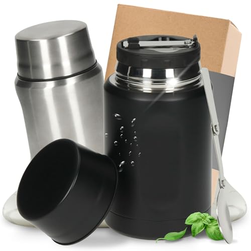 elasto PROMOTION FOR LIFE Edelstahl Thermobehälter 'Take Away' - 0,5 L Behälter - Isolierbehälter für Essen - Auslaufsichere Lunchbox für Kinder & Erwachsene - Speisegefäß mit Löffel, Farbe:Schwarz von elasto PROMOTION FOR LIFE
