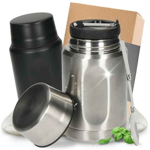 elasto PROMOTION FOR LIFE Edelstahl Thermobehälter 'Take Away' - 0,5 L Behälter - Isolierbehälter für Essen - Auslaufsichere Lunchbox für Kinder & Erwachsene - Speisegefäß mit Löffel, Farbe:Silber von elasto PROMOTION FOR LIFE