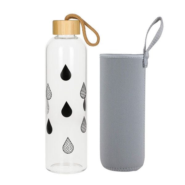 elasto Glasflasche 1 Liter Bamboo Trinkflasche Borosilikatglas mit Neoprentasche von elasto