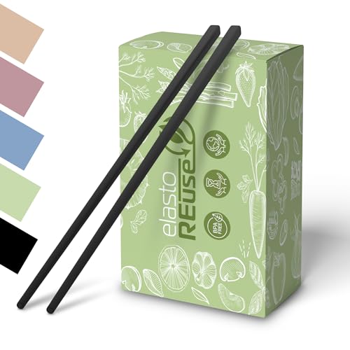 elastoREuse - Essstäbchen spülmaschinenfest aus BPA freiem Kunststoff im 2er Set - Chopsticks to go 25cm für asiatische Speisen wie Sushi, Dumplings, Fried Rice etc. - Stäbchen zum essen (schwarz) von elastoREuse