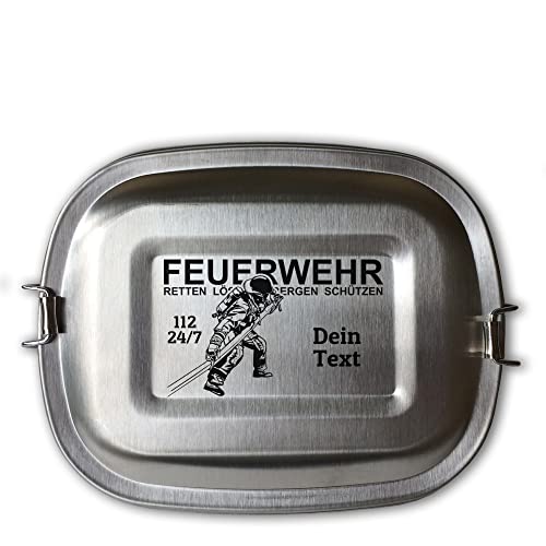 elbedruck Edelstahl Brotdose Lunchbox mit Gravur Feuerwehrmann mit Schlauch und Wunschgravur Dein Name personalisiert 3 Größen Freiwillige Feuerwehr (Lunchbox Feuerwehrmann klein) von elbedruck