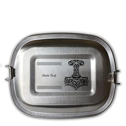 elbedruck Edelstahl Brotdose Lunchbox mit Gravur Thors Hammer Mjölnir personalisiert mit Wunschgravur Name Wunschtext 3 Größen zur Auswahl Wikinger (Lunchbox Thors Hammer mittel (ca. 800 ml)) von elbedruck