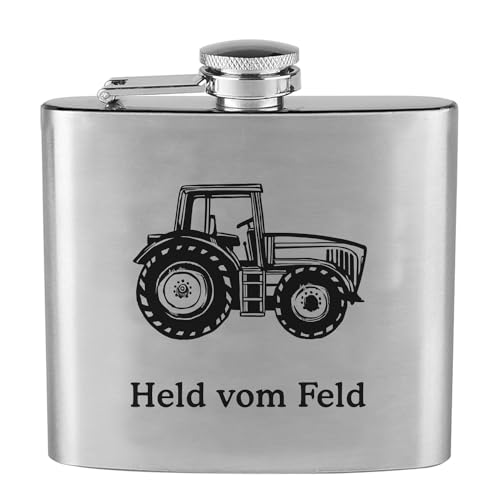 Flachmann mit Gravur Motiv Traktor und Wunschtext personalisiert Edelstahl Landwirt Bauer Trecker auch als Set Geschenkset Wunschgravur Name (Traktor Klassisch) von elbedruck