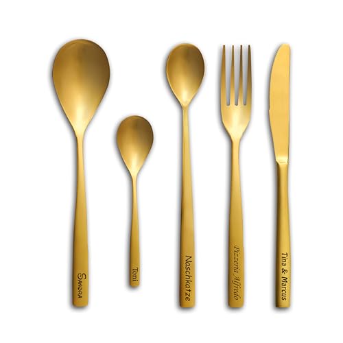 Messer Gabel Löffel mit Gravur Wunschtext gold personalisiert einzeln oder im Set Besteck dein Name Text Geschenkidee graviert Tafelbesteck (Set 1: Messer und Gabel) von elbedruck