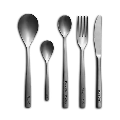 Messer Gabel Löffel mit Gravur Wunschtext silber personalisiert einzeln und im Set Besteck dein Name Text Geschenkidee graviert Tafelbesteck (Set 1: Messer und Gabel) von elbedruck