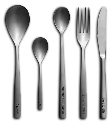 Messer Gabel Löffel mit Gravur Wunschtext silber personalisiert einzeln und im Set Besteck dein Name Text Geschenkidee graviert Tafelbesteck (Set 2: Messer, Gabel, Esslöffel) von Lasernauten