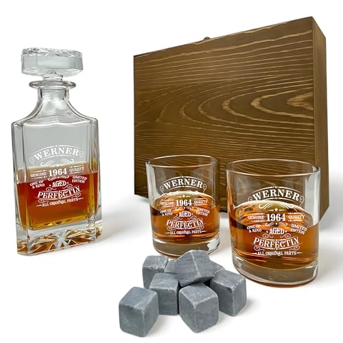 Whisky Geschenk Set Karaffe 700 ml und Gläser mit Gravur verschiedene Motive personalisiert Holzbox Whiskey Glas Dekanter (Motiv 6: Limited Edition, Box mit 1 Karaffe, 2 Gläsern und 8 Whisky-Steinen) von elbedruck