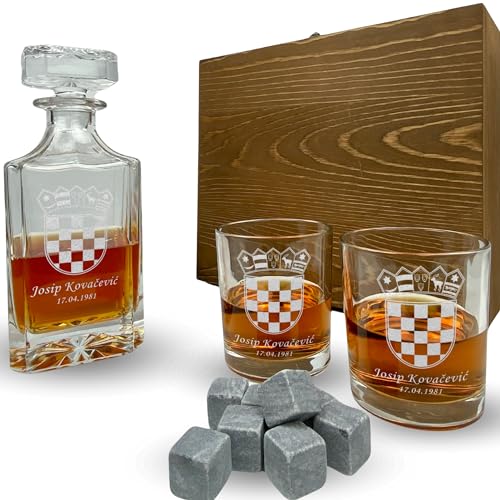 Whisky Set mit Gravur Kroatien personalisiert Karaffe 700 ml und Gläser graviert Hrvatska Croatia Wappen Flagge Geschenkbox (Box mit 1 Karaffe, 2 Gläsern und 8 Whisky-Steinen) von elbedruck