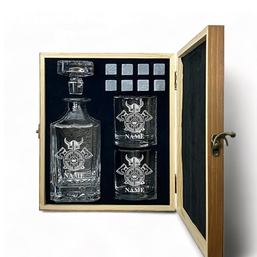 Whisky Set mit Gravur Wikinger personalisiert Karaffe 700 ml und Gläser verschiedene Motive Walhalla Thor Schiff Geschenkbox (Motiv 2: Helm, Karaffe + 1 Glas) von elbedruck