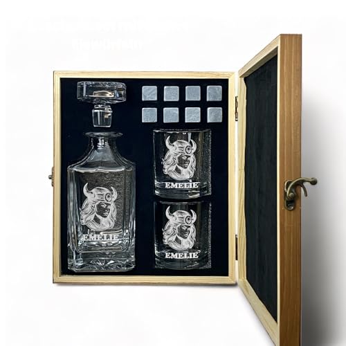 Whisky Set mit Gravur Wikinger personalisiert Karaffe 700 ml und Gläser verschiedene Motive Walhalla Thor Schiff Geschenkbox (Motiv 4: Wikingerfrau, Karaffe + 1 Glas) von elbedruck